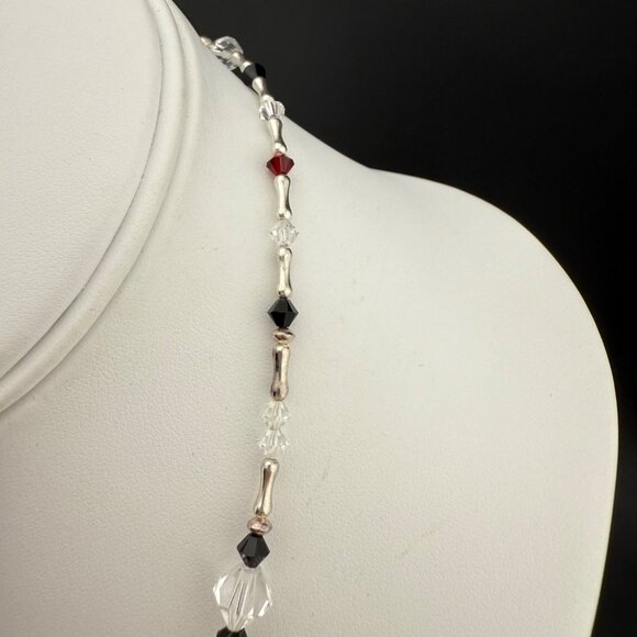 Sterling Silver Necklace With Red Black & Clear Crystal Dangle Beads Wire Wrappe - Picture 8 of 9